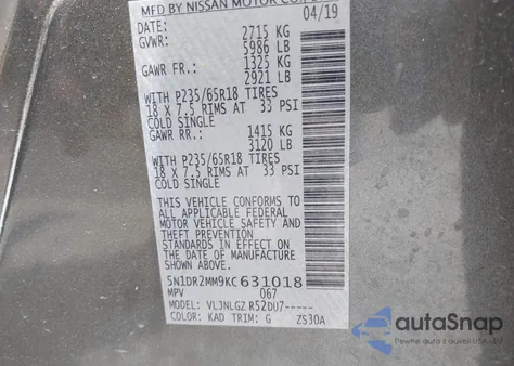 2019 Nissan Pathfinder Sl z USA, uszkodzony, nr VIN 5N1DR2MM9KC631018